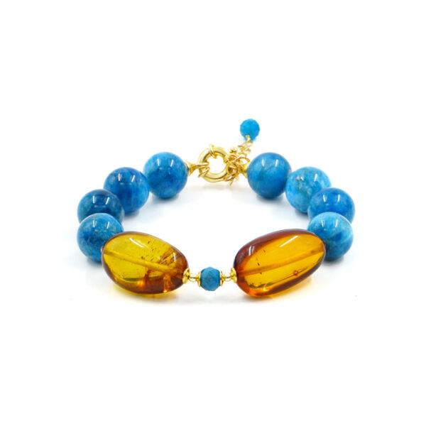 Bracelet with apatite, amber cognac, sterling silver clasp - Golden Color