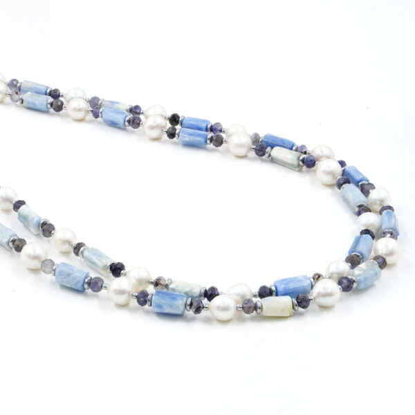Necklace with kyanite, iolite, pearl, hematite, sterling silver clasp – Rhodium Color