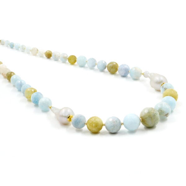 Necklace with gradation faceted aquamarine, pearl, hematite, sterling silver clasp – Golden Color
