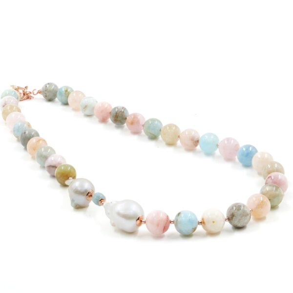 Necklace with berillo, pearl, hematite, sterling silver clasp - Rose Color