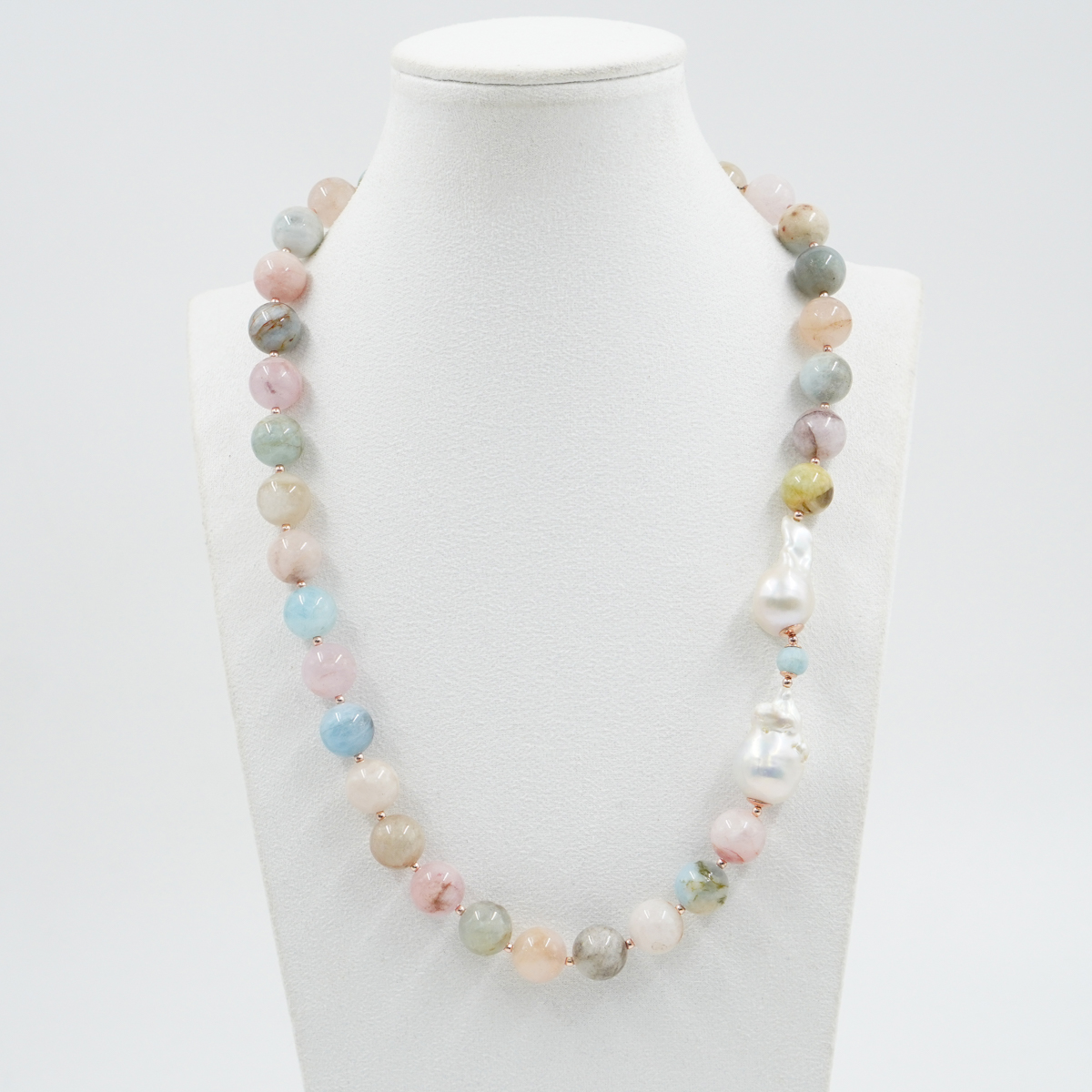Collana con berillo, perla, ematite, chiusura in argento - Rosè - immagine 2