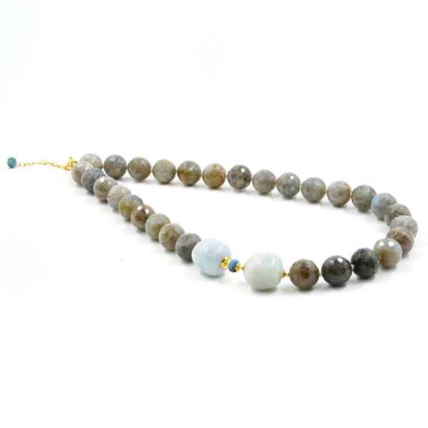 Necklace with labradorite,aquamarine, hematite, sterling silver clasp - Golden Color