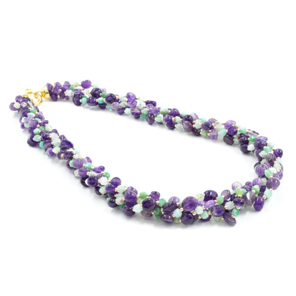 Necklace with amethyst, chrysoprase, hematite, sterling silver clasp - Golden Color
