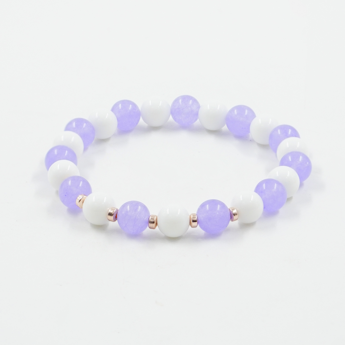 Bracciale elastico con agata bianca, giada viola lavanda, ematite