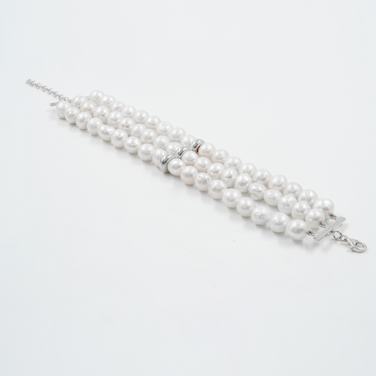 Bracciale Multifilo con perle Edison, chiusura ed elemento in argento - Rodiato