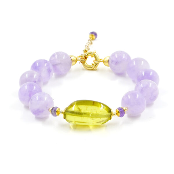 Bracelet with lavander amethyst, green colombian amber, hematite, golden color silver clasp