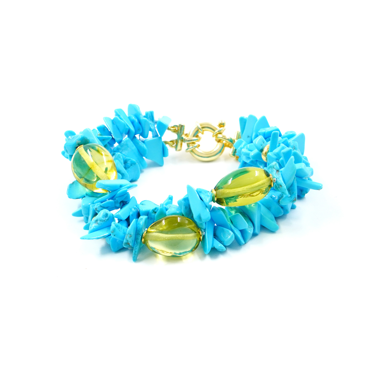 Multistrand bracelet with natural chips turquoise, green colombian amber, golden color silver clasp