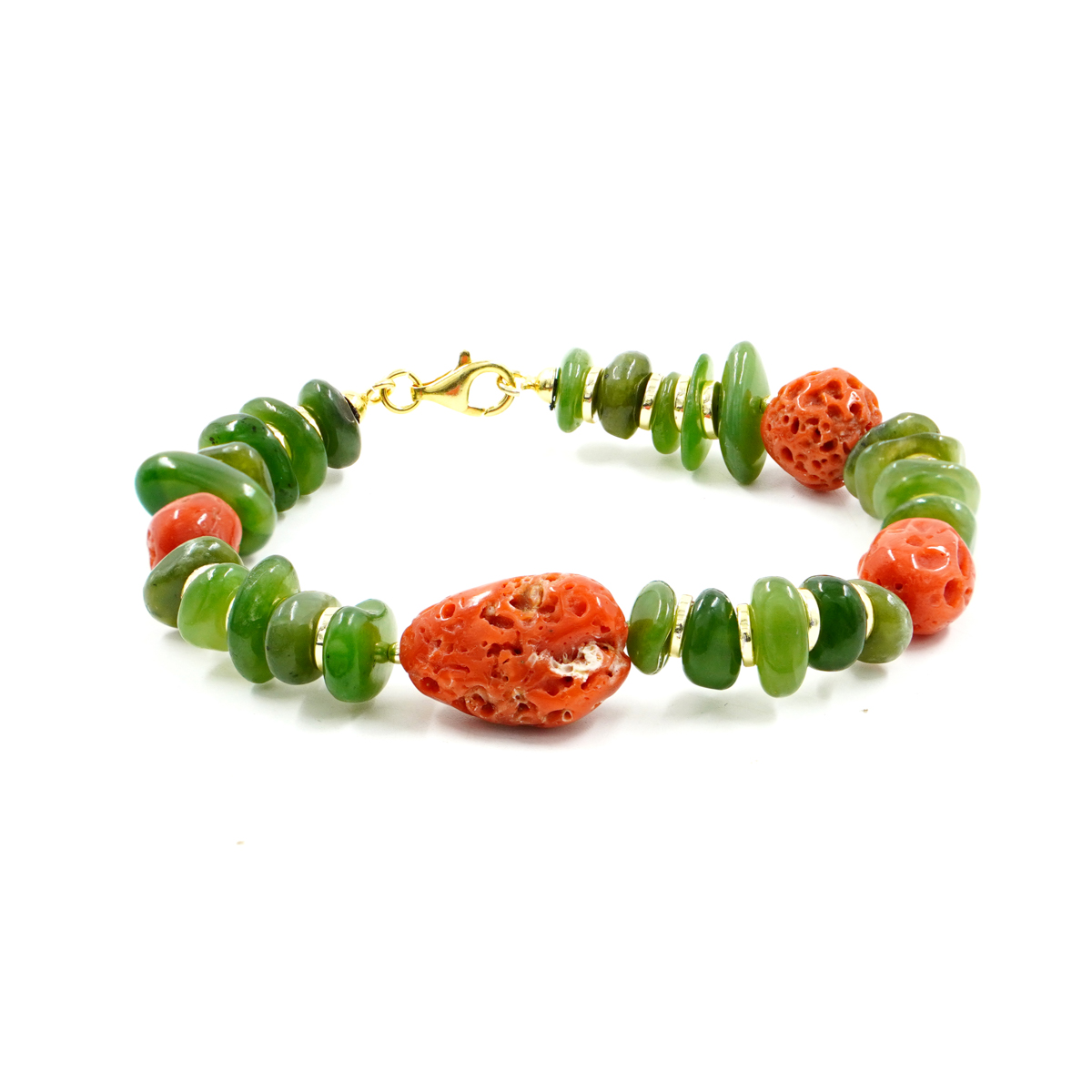 Bracelet with canadian jade washer, coral, hematite, golden color silver clasp