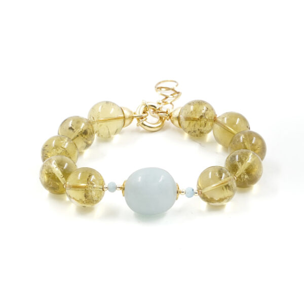 Bracelet with lemon quartz, aquamarine, hematite, golden color silver clasp
