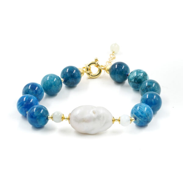 Bracelet with apatite, baroque pearl, hematite, golden color silver clasp