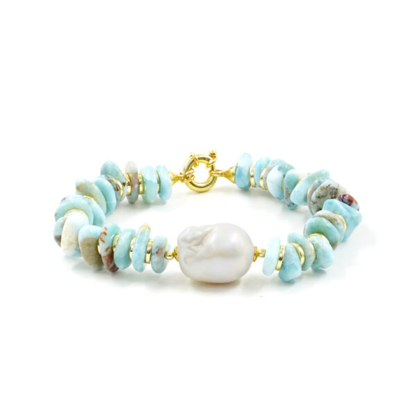 Bracciale con Larimar, perla barocca, ematite, chiusura in argento - Dorato