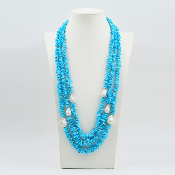 Multistrand necklace with natural chips turquoise, baroque pearls, golden color silver clasp