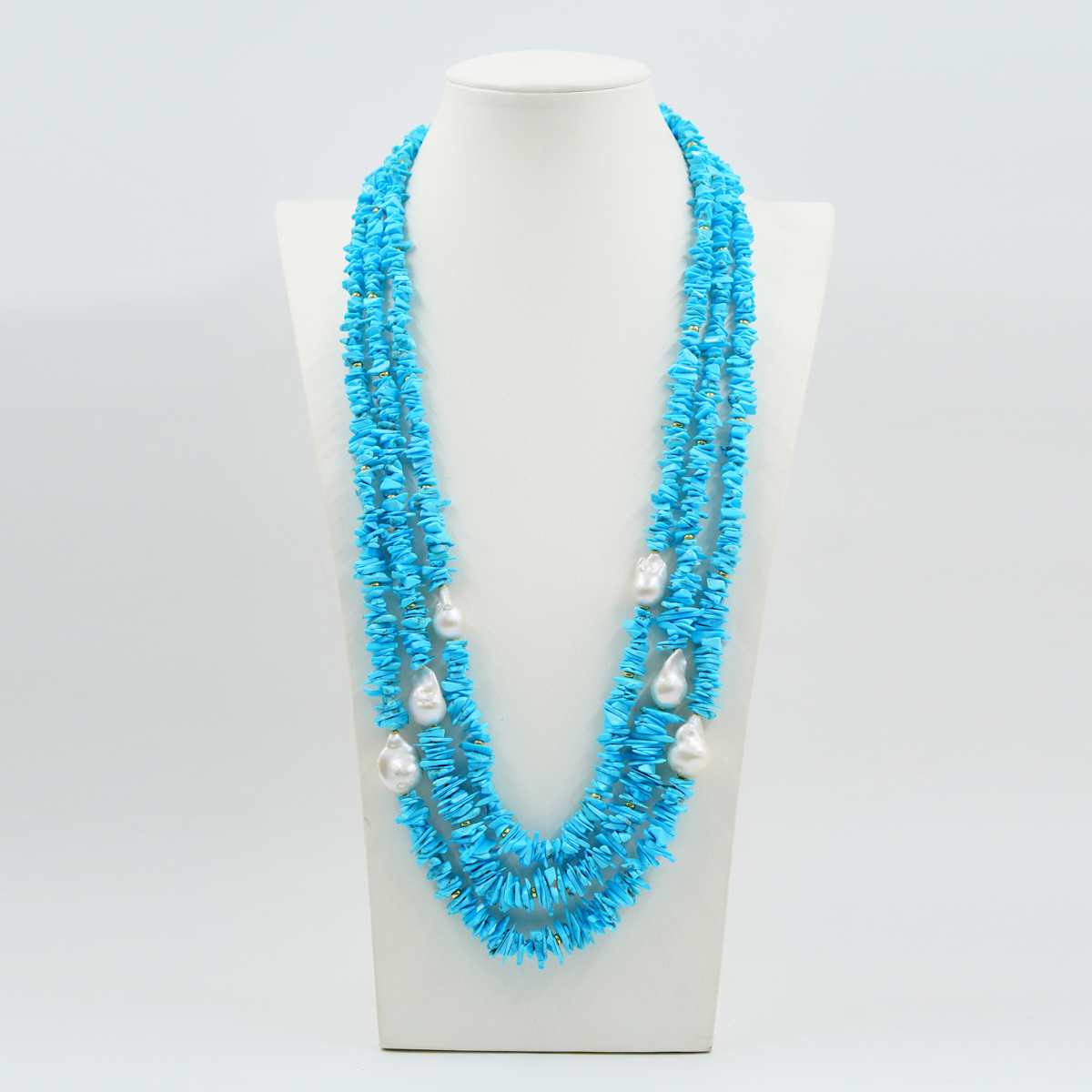Multistrand necklace with natural chips turquoise, baroque pearls, golden color silver clasp