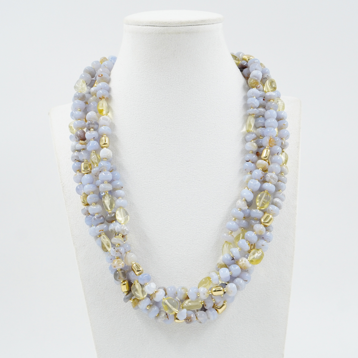 Multistrand necklace with blue lace agate, lemon quartz, hematite, golden color silver clasp