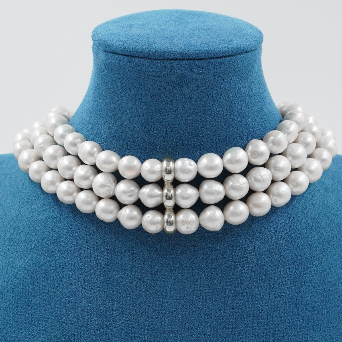 Collana Choker Multifilo con perle Edison, chiusura ed elemento in argento - Rodiato