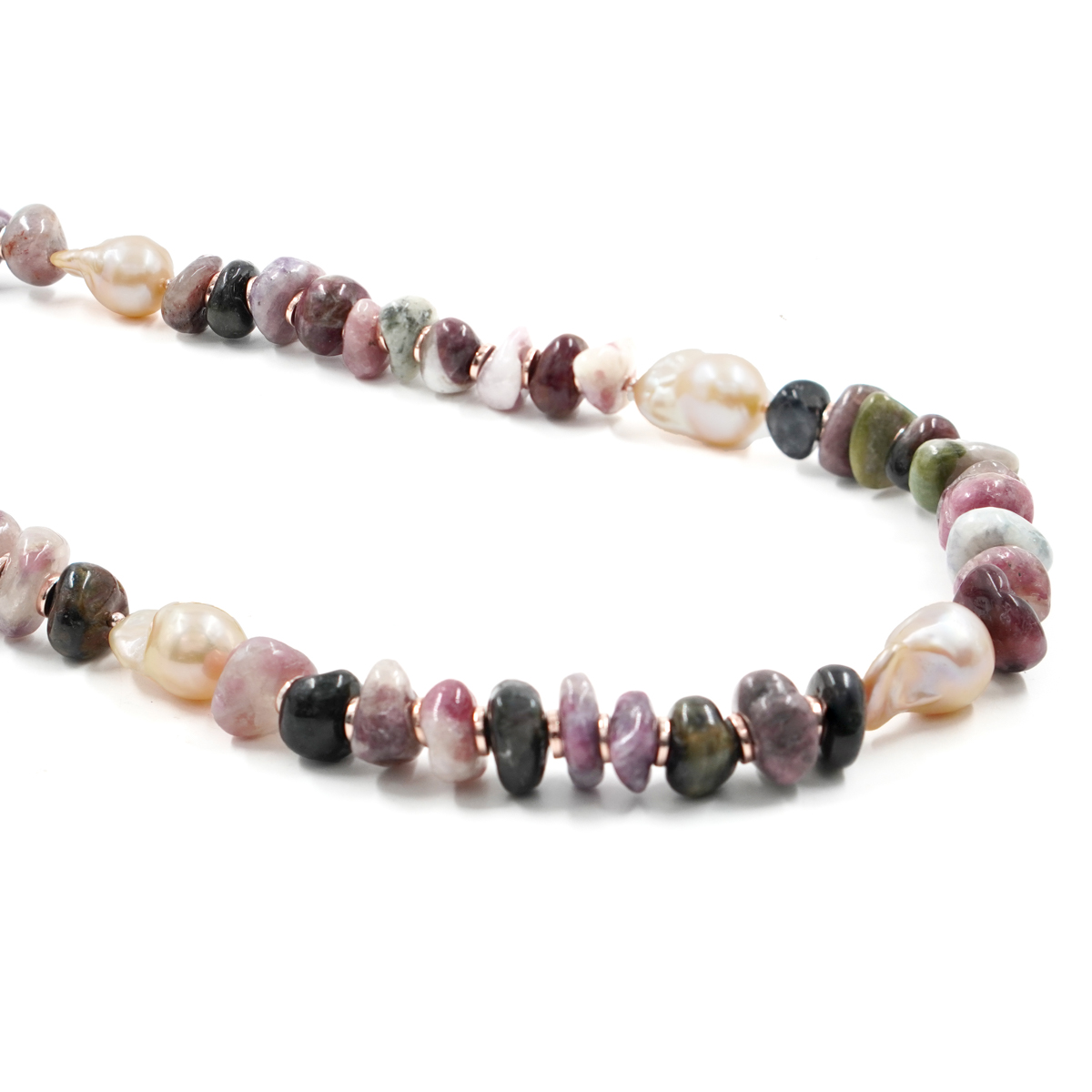 Collana in tormalina, perla, chiusura in argento rosè