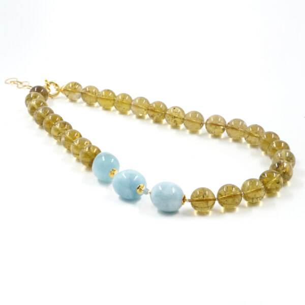 Necklace with lemon quartz, aquamarine, hematite, golden color silver clasp