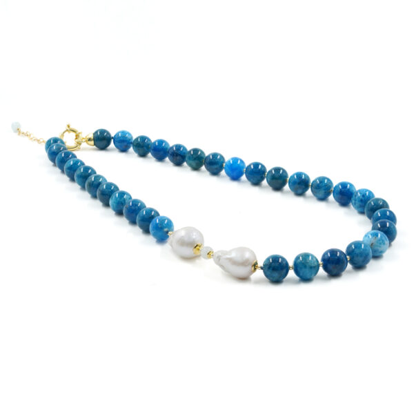 Necklace with apatite, baroque pearl, hematite, golden color silver clasp