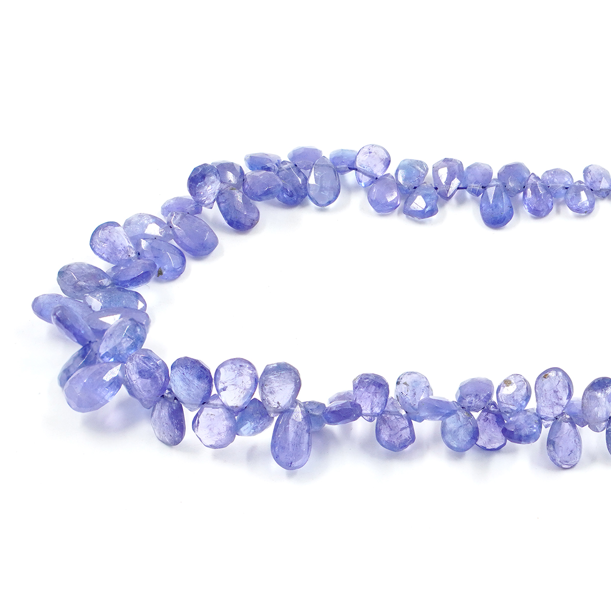 Tanzanite strands gradation faceted drop shape lateral hole ~4mm to ~8mm