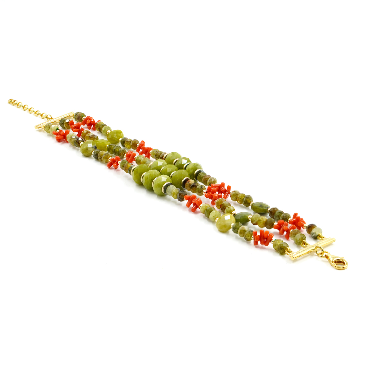 Bracciale Multifilo in giada canadese, granato, corallo, chiusura in argento dorato