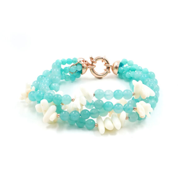 Bracciale Multifilo in amazzonite, corallo bianco, chiusura in argento rosè