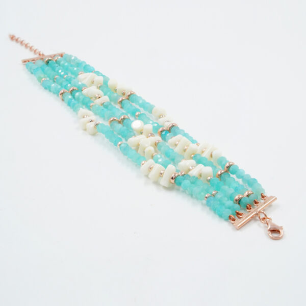 Bracciale Multifilo in amazzonite, corallo bianco, chiusura in argento rosè