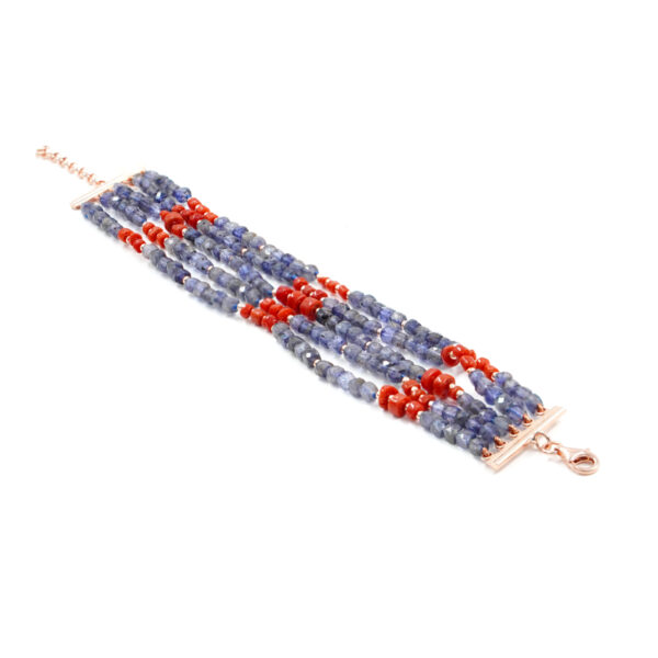 Bracciale Multifilo in iolite, corallo, chiusura in argento rosè