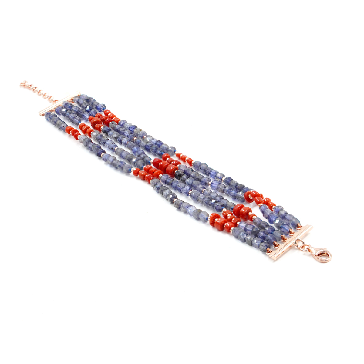 Bracciale Multifilo in iolite, corallo, chiusura in argento rosè