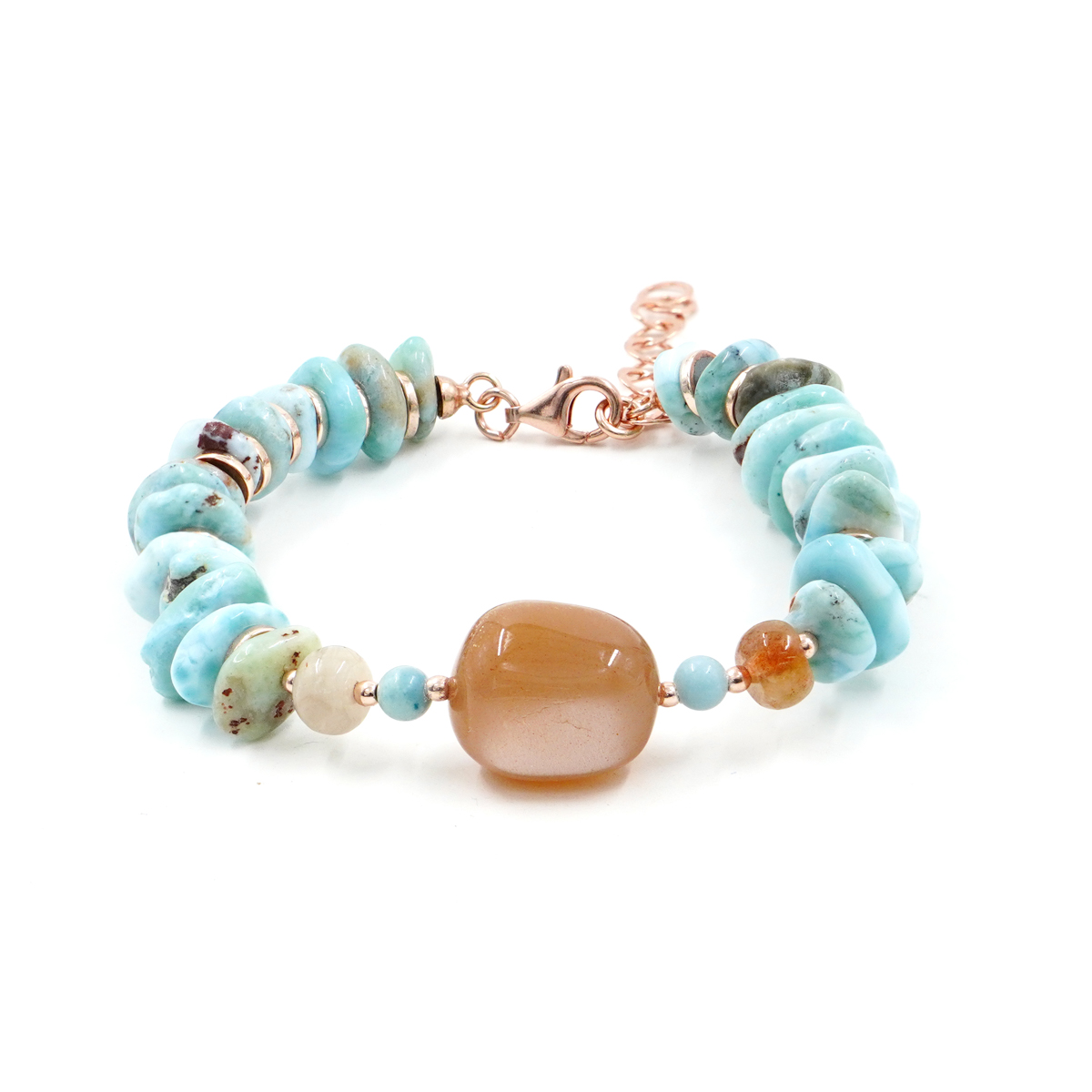 Bracelet with larimar, sunstone, rose color silver clasp
