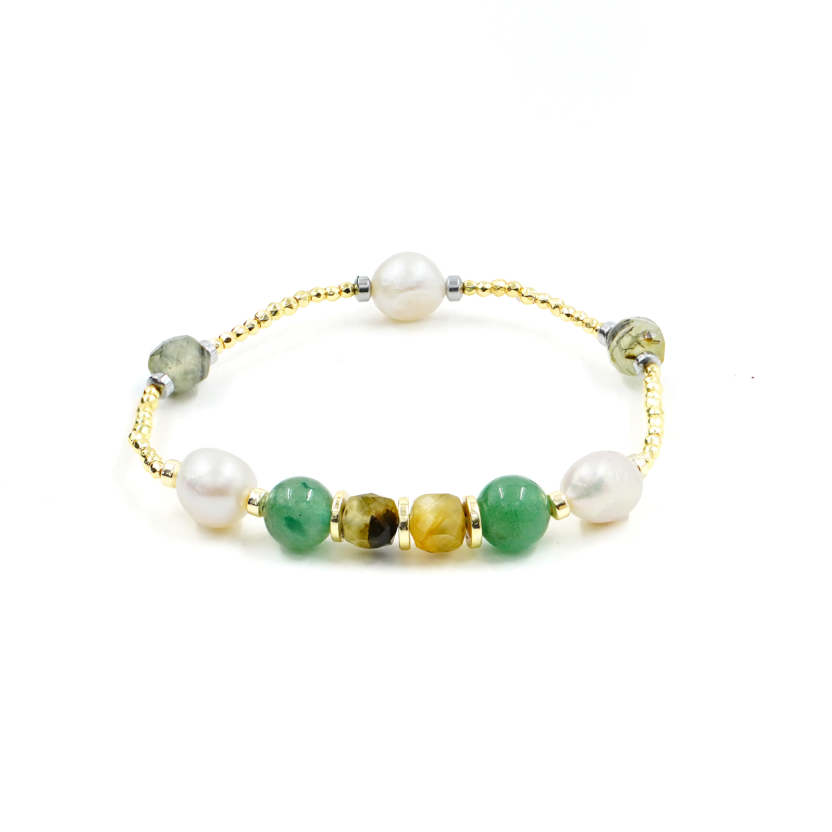 Elastic bracelet with hematite, eagle eye, aventurine, quartz, pearl