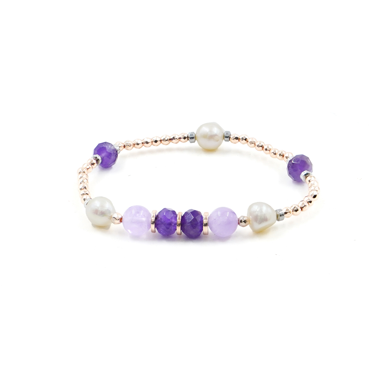 Elastic bracelet with hematite, amethyst, pearl