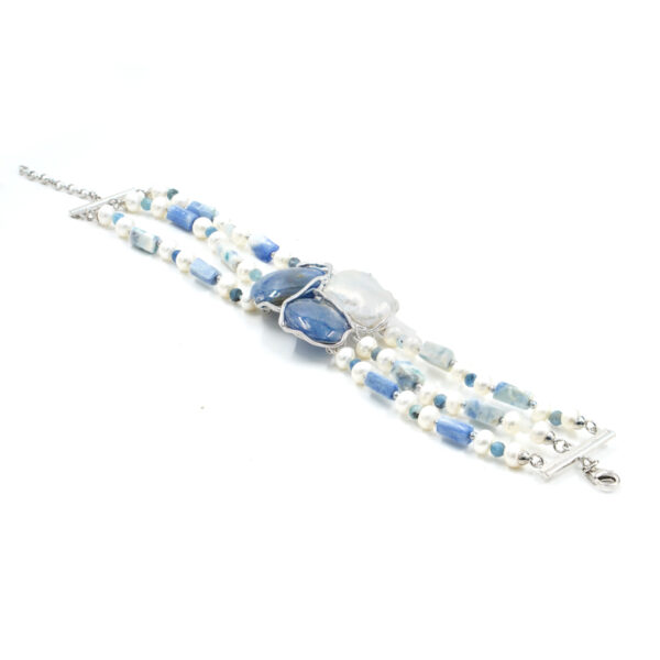 Bracciale Multifilo in cianite, perla, chiusura in argento rodiato