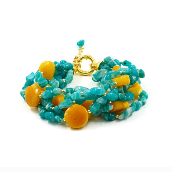 Bracciale Multifilo in amazzonite, ambra, chiusura in argento dorato