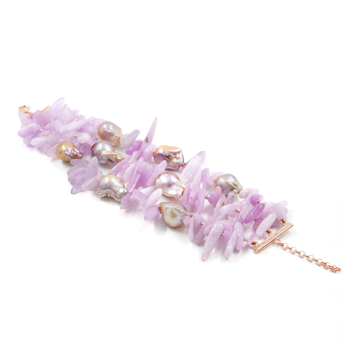 Bracciale Multifilo in kunzite, perla, chiusura in argento rosè
