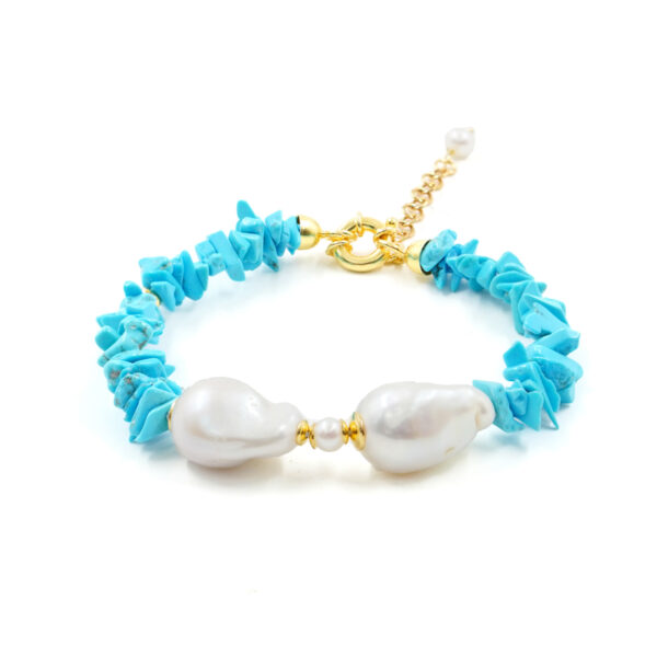 Bracciale in turchese, perla, chiusura in argento dorato