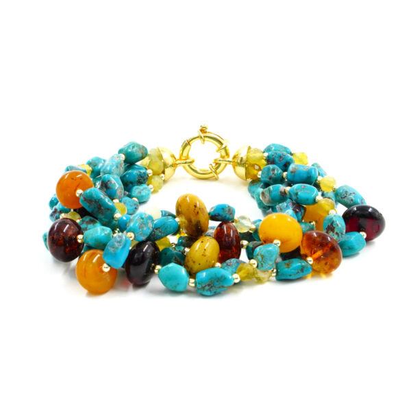 Bracciale Multifilo in turchese, ambra, opale, chiusura in argento dorato