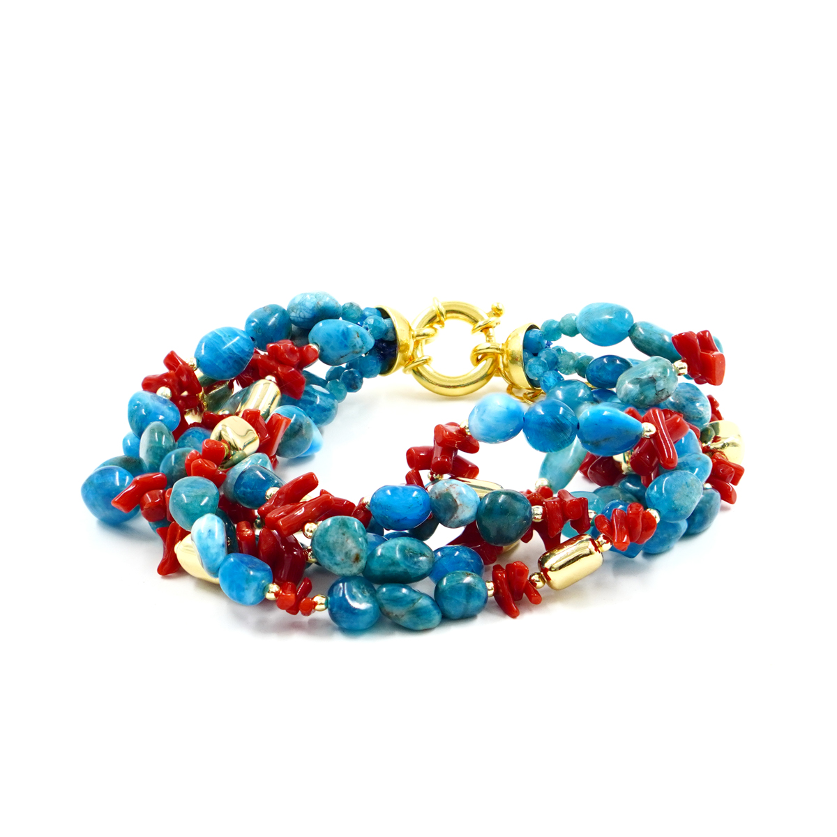 Bracciale Multifilo in apatite, corallo, chiusura in argento dorato