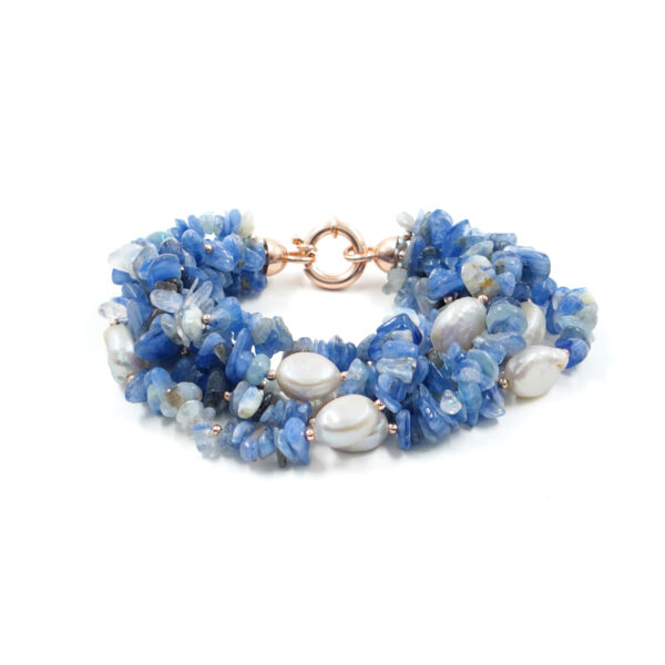 Bracciale Multifilo in cianite, perla, chiusura in argento rosè