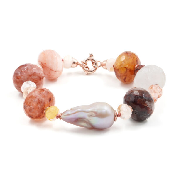 Bracciale in quarzo, perla, chiusura in argento rosè