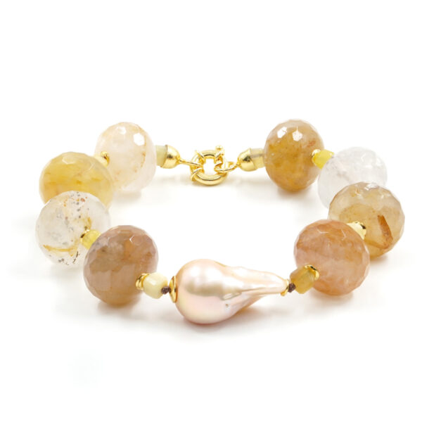Bracciale in quarzo, perla, opale, chiusura in argento dorato