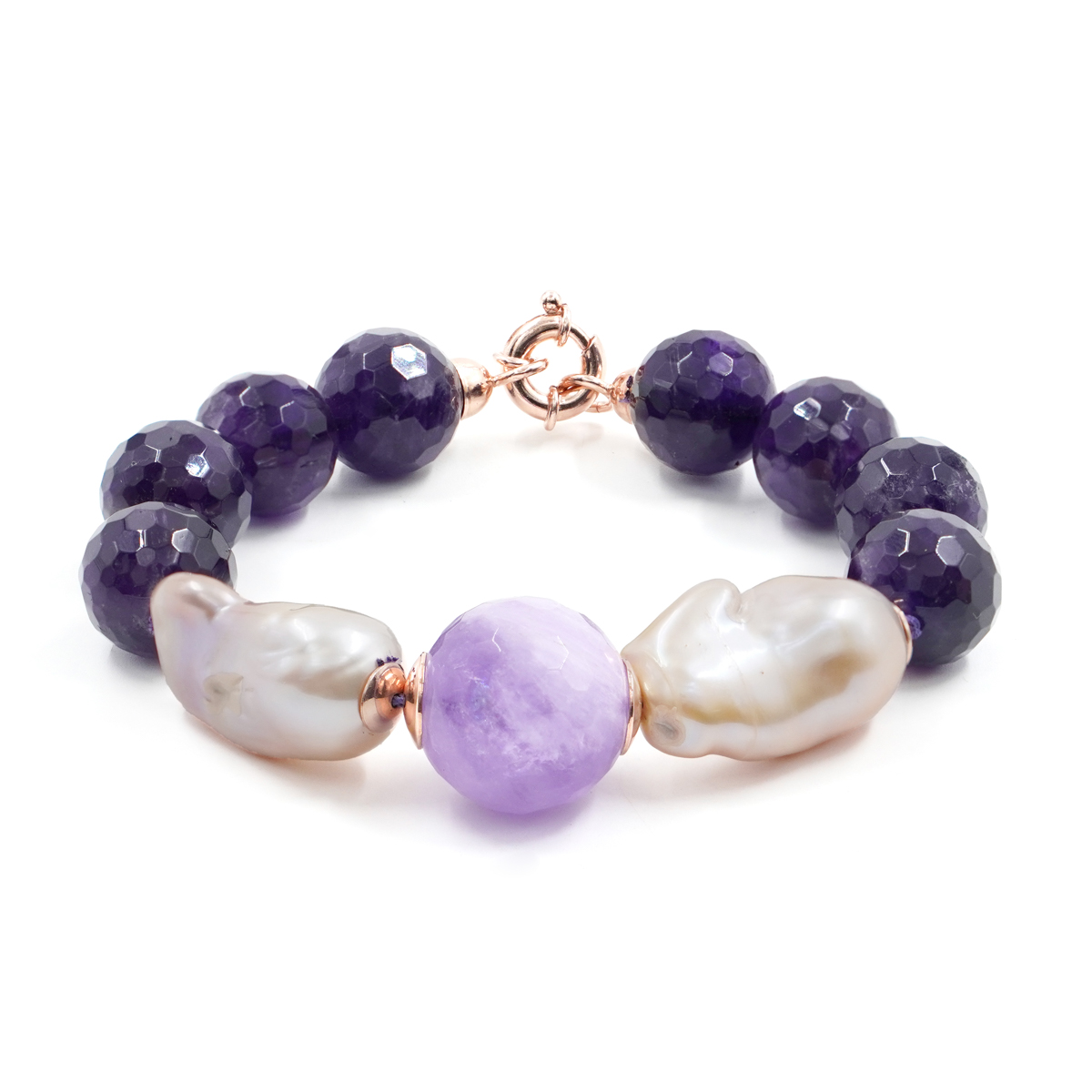 Bracciale in ametista, perla, chiusura in argento rosè