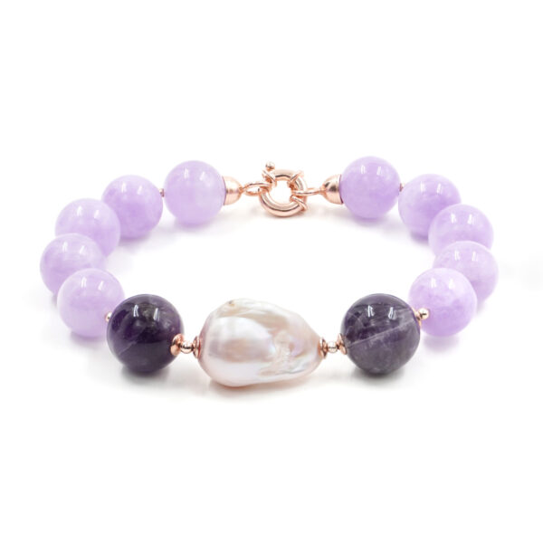 Bracciale in ametista, perla, chiusura in argento rosè