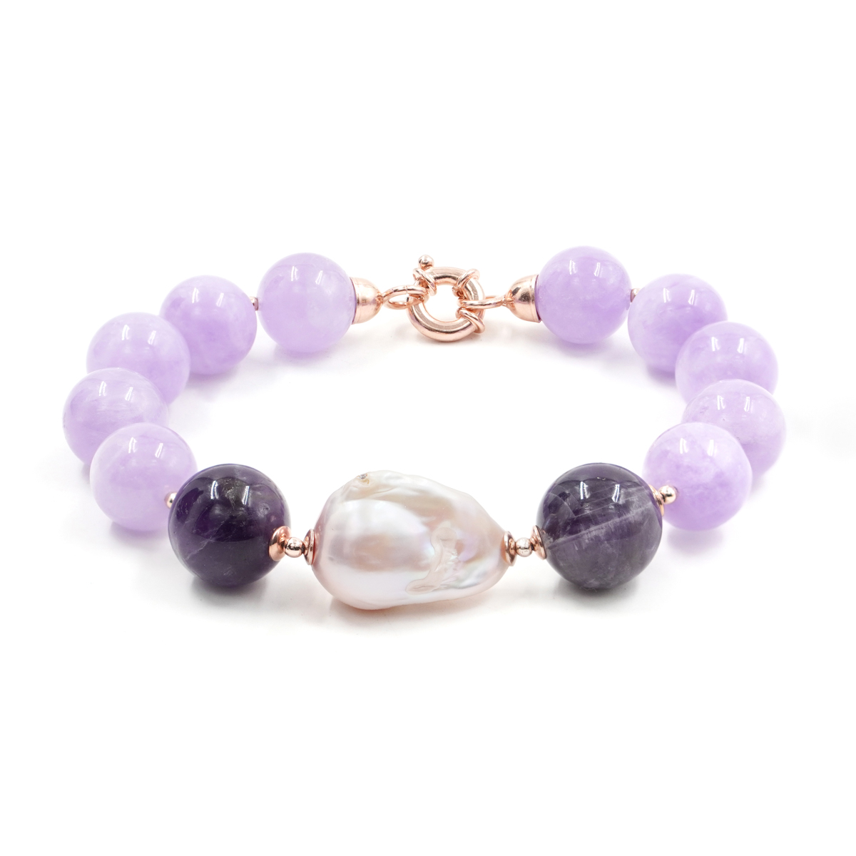 Bracciale in ametista, perla, chiusura in argento rosè