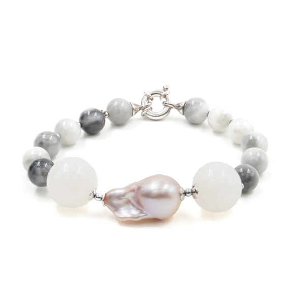 Bracciale in occhio d'aquila, perla, opale, chiusura in argento rodiato