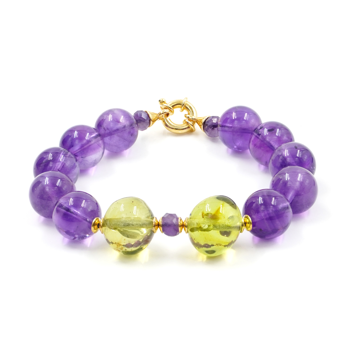 Bracciale in ametista, ambra, chiusura in argento dorato