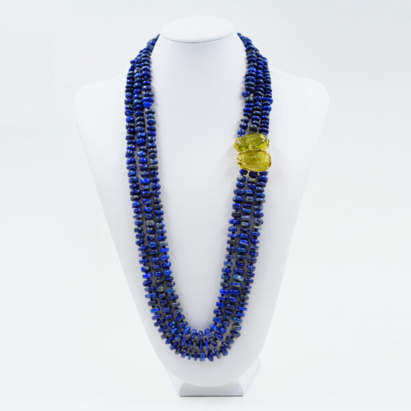 Multistrand necklace with lapislazuli, amber, golden color silver clasp