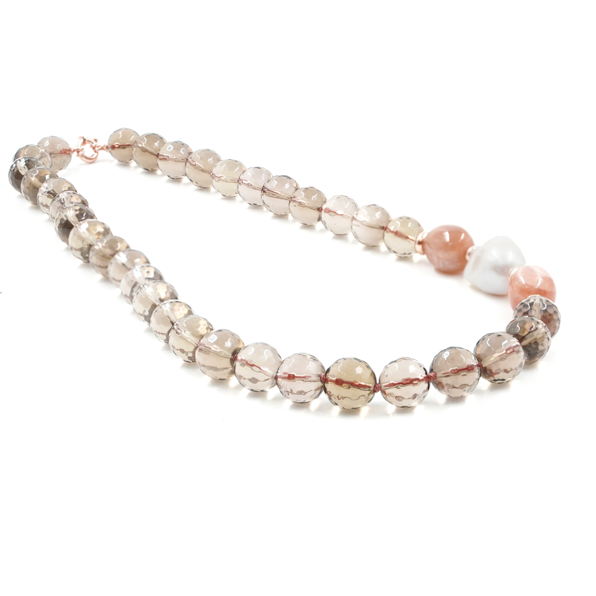 Collana in quarzo fumè, pietra del sole, perla, chiusura in argento rosè - immagine 2
