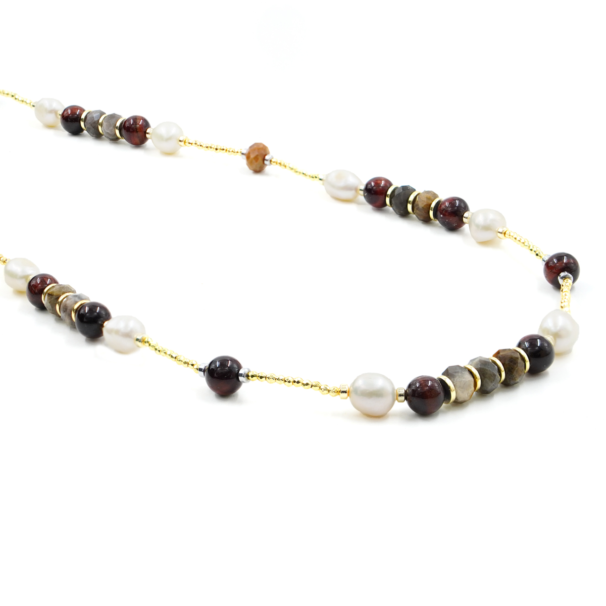 Necklace with hematite, tiger eye, eagle eye, pearl, rhodium color silver clasp