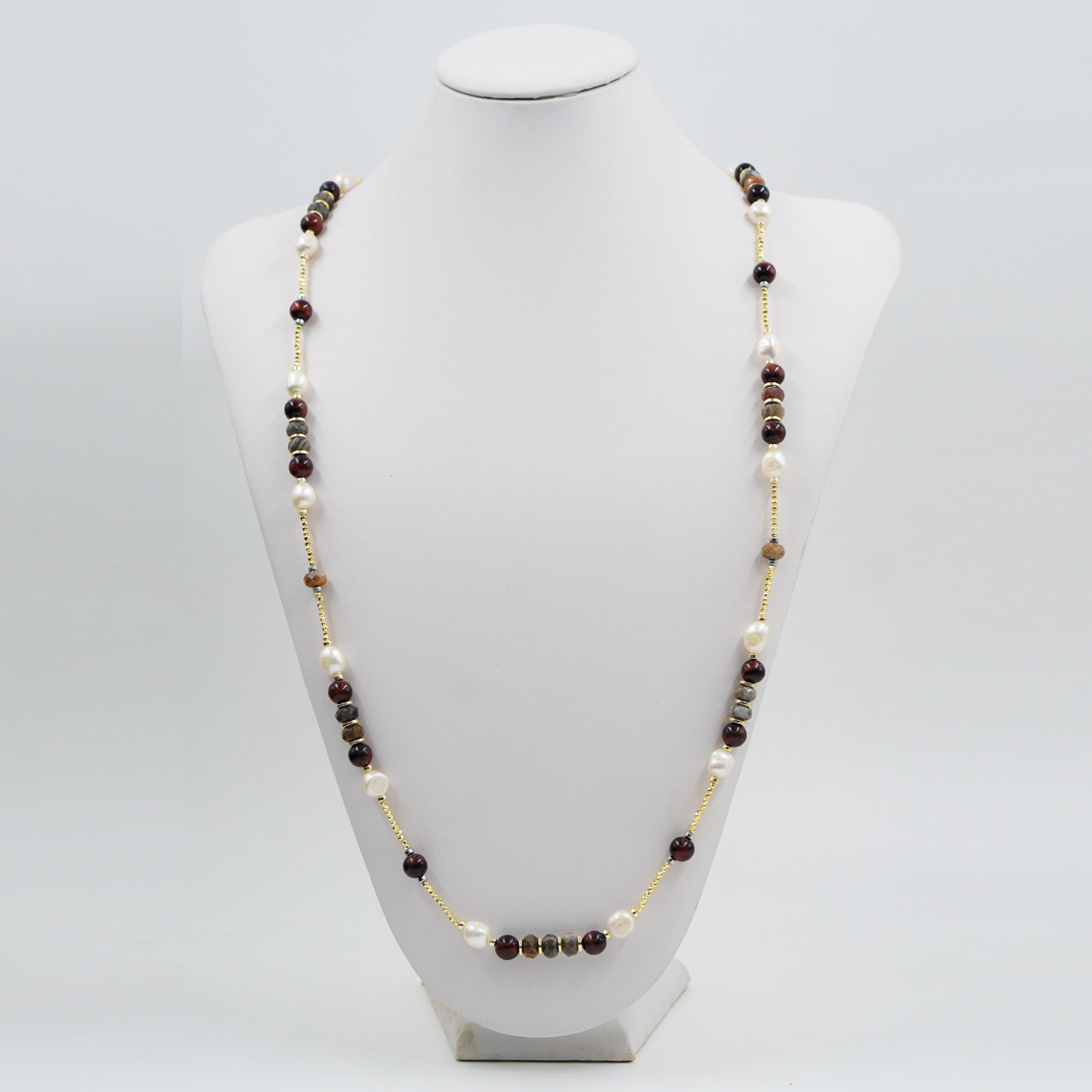 Necklace with hematite, tiger eye, eagle eye, pearl, rhodium color silver clasp - Image 2