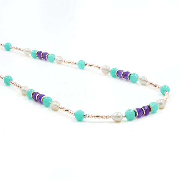 Collana in ematite, quarzo, ametista, perla, chiusura in argento rodiato